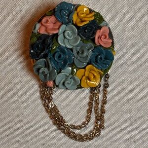 Vintage Floral Multicolor Brooch with Chain